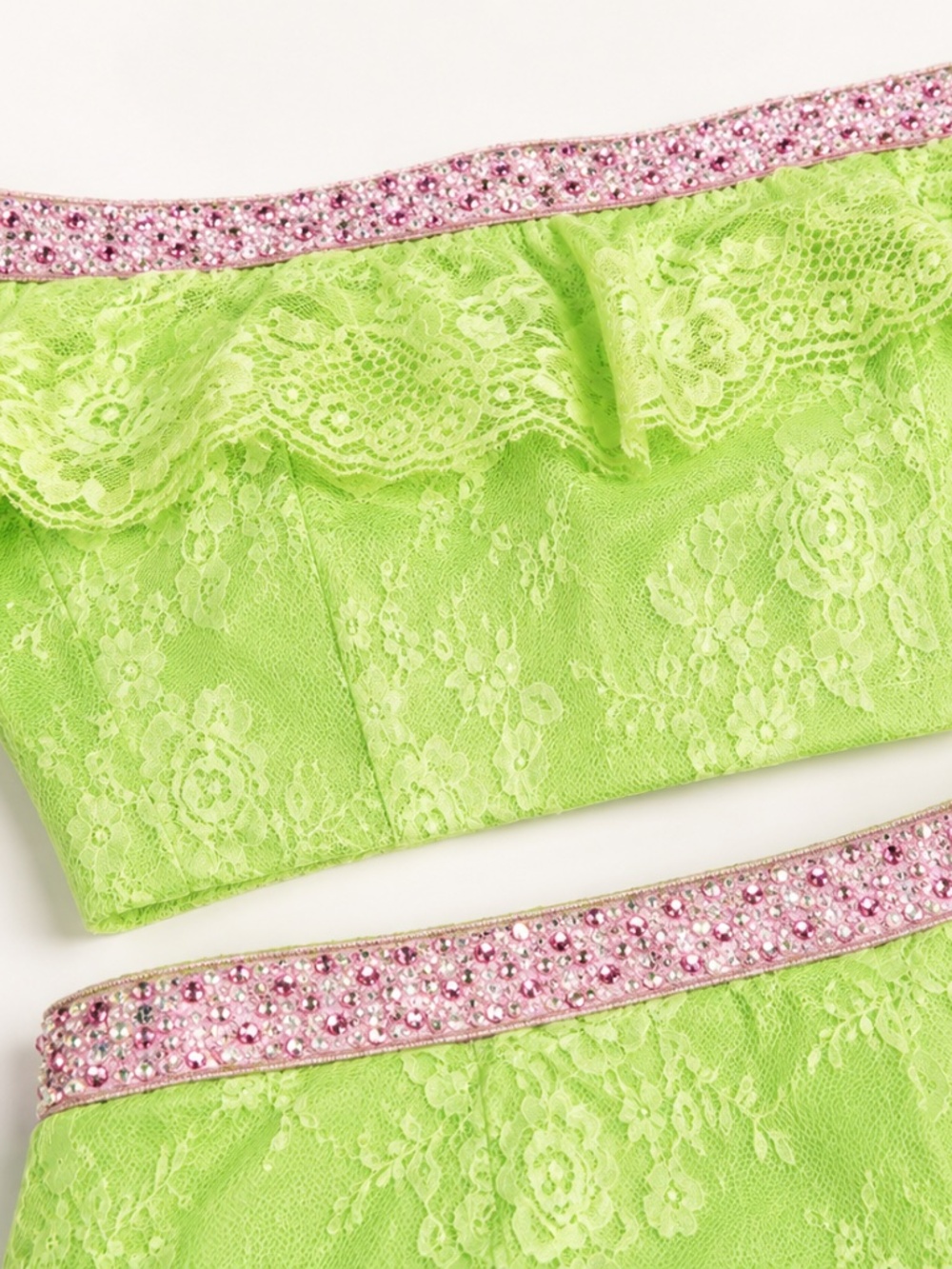 Lime Green Lace Two Pieces set off shoulder crop top & mini with Rhinestones. - Picture 5 of 6